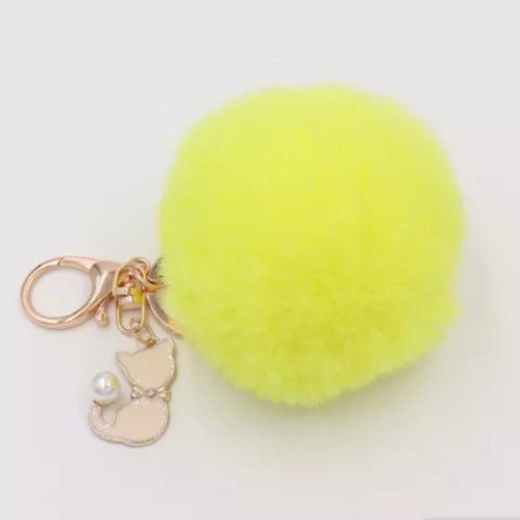 TT-Rabbit Faux Fur Ball Key Chain / Purse Accessory with Cat - Yellow - Picture 1 of 2
